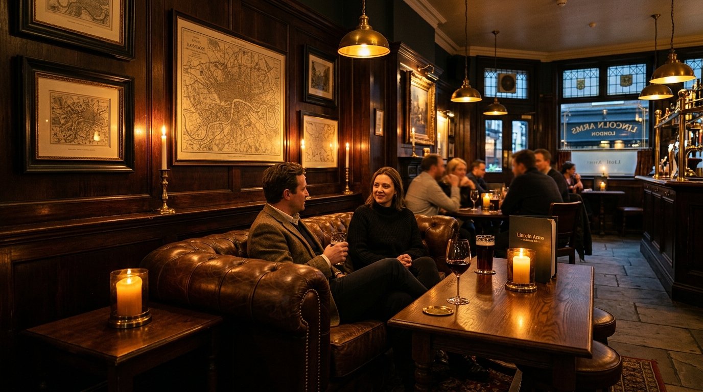 Interior of Lincoln Arms with vintage maps and Chesterfield sofas