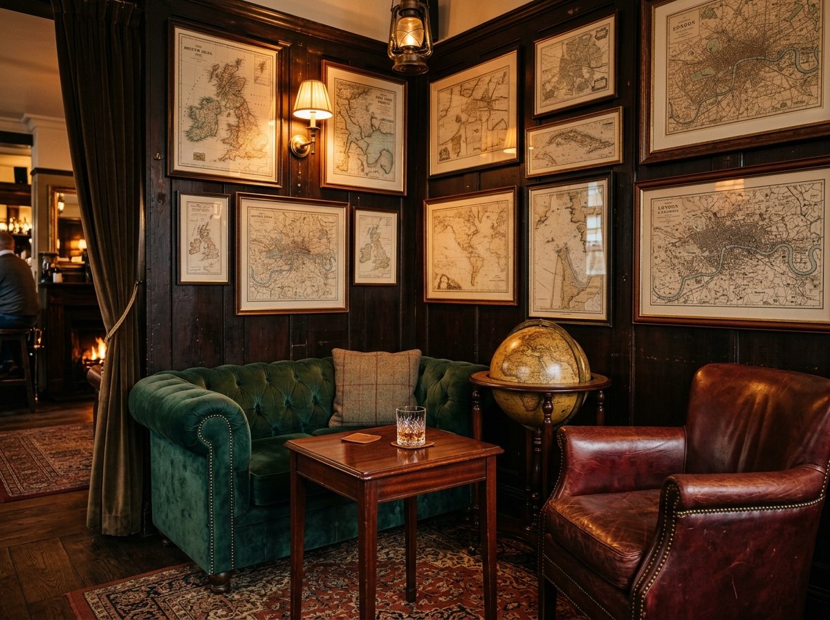 The Map Room with antique globes and velvet chairs