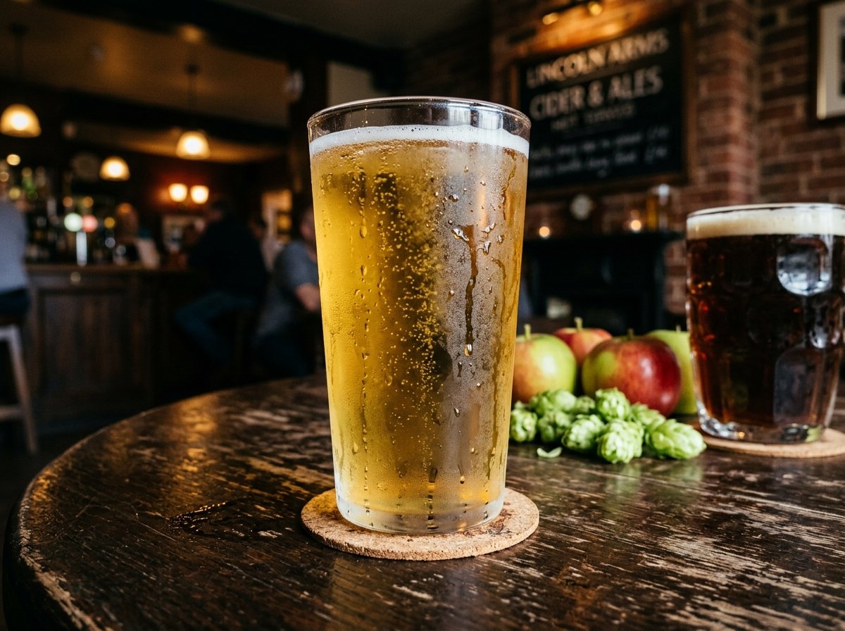 Cold pint of cider with condensation